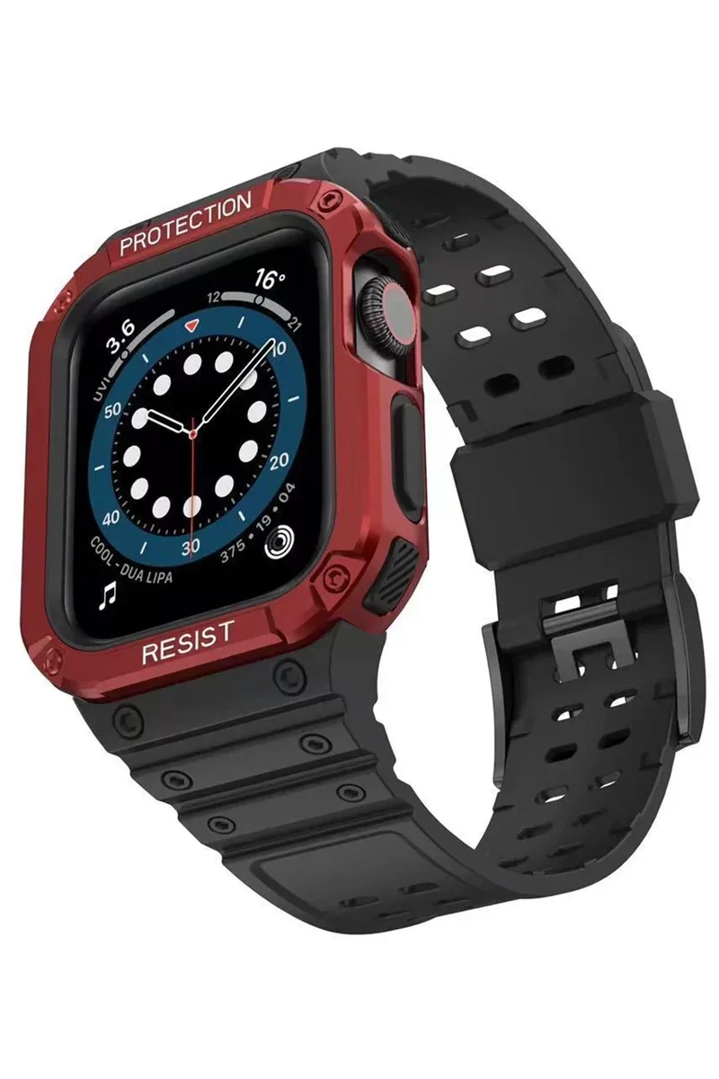 Newface Apple Watch 42mm KR401 Silikon Kordon - Siyah-Kırmızı