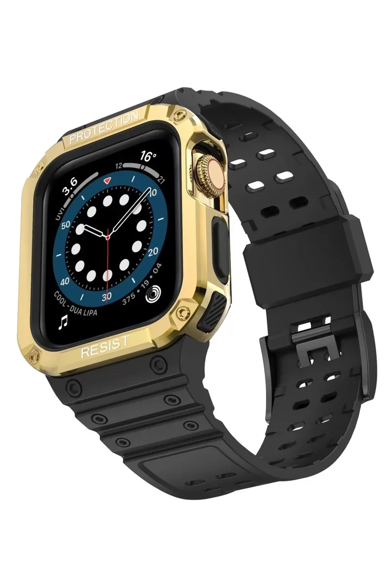 Newface Apple Watch 42mm KR401 Silikon Kordon - Siyah-Gold