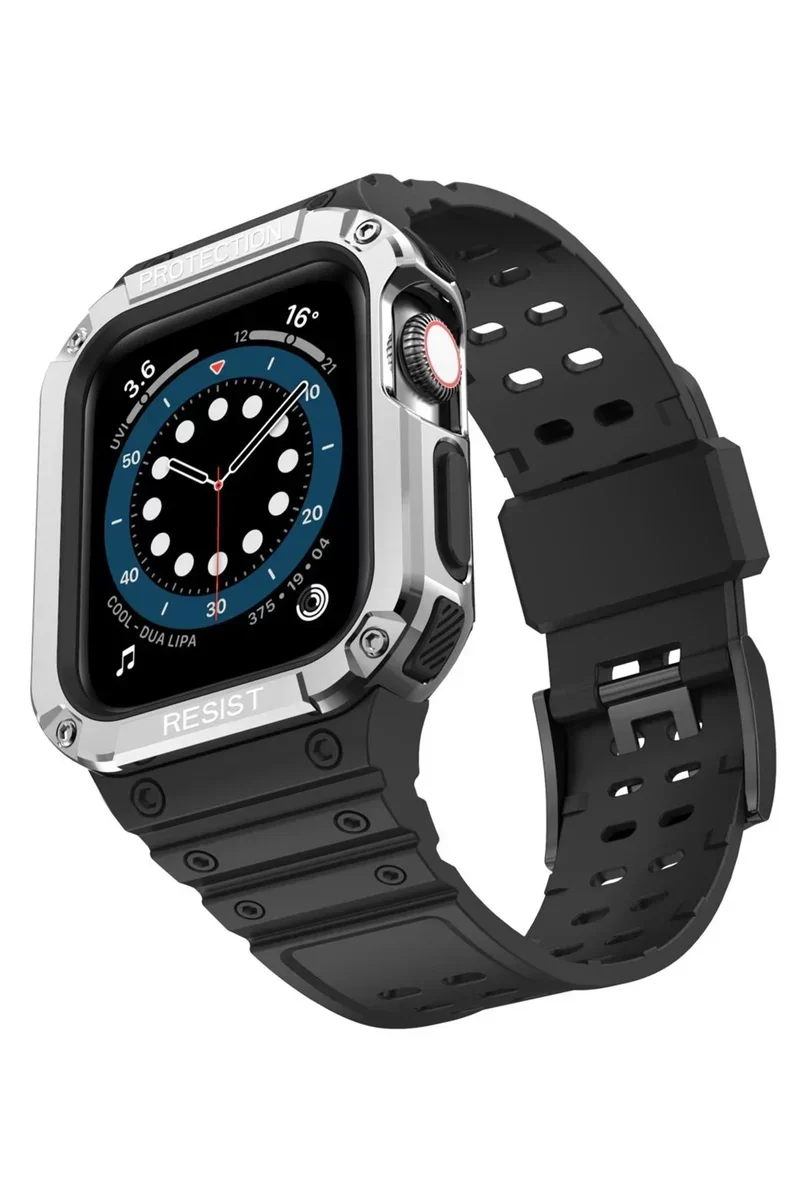 Newface Apple Watch 42mm KR401 Silikon Kordon - Siyah-Gümüş