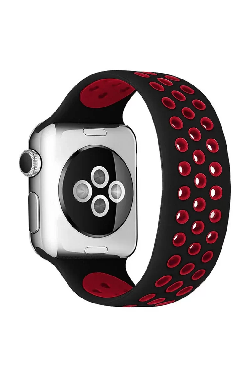 Newface Apple Watch 42mm Ayarlı Delikli Silikon Kordon - Siyah-Kırmızı