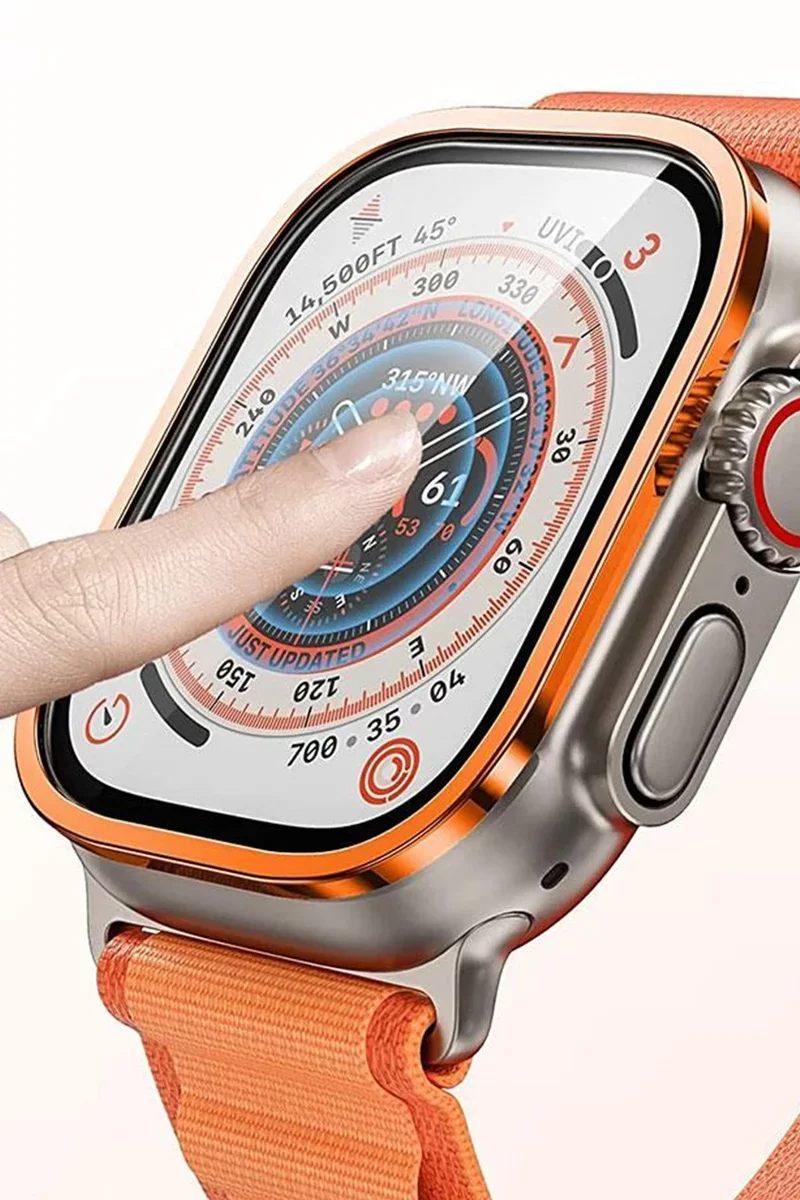 Newface Apple Watch Ultra 49mm Alüminyum Kasa Cam Ekran Koruyucu - Turuncu