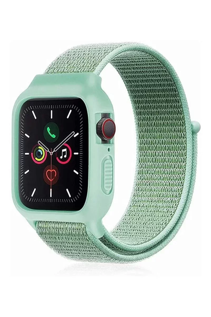 Newface Apple Watch 38mm Hasırlı Cırtcırtlı Kasalı Kordon - Turkuaz