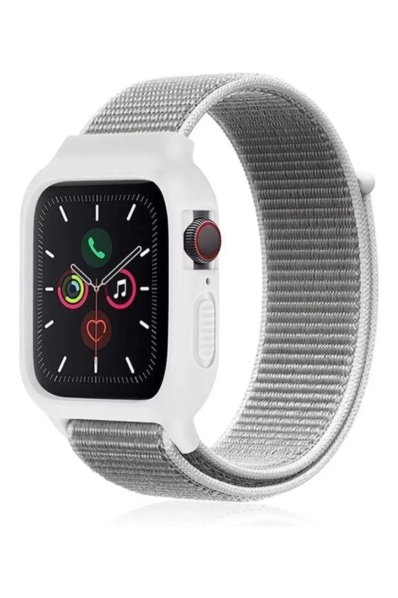 Newface Apple Watch 38mm Hasırlı Cırtcırtlı Kasalı Kordon - Beyaz