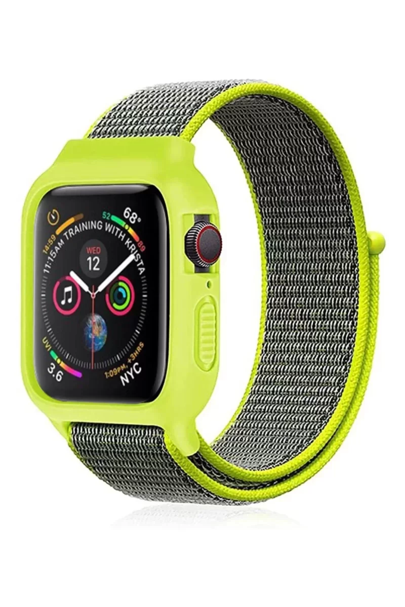 Newface Apple Watch 38mm Hasırlı Cırtcırtlı Kasalı Kordon - Yeşil