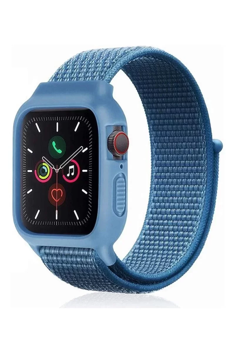Newface Apple Watch 38mm Hasırlı Cırtcırtlı Kasalı Kordon - Mavi