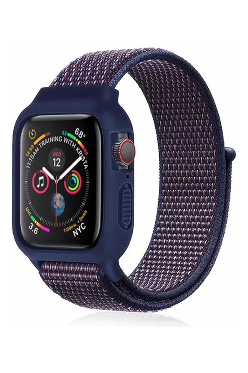 Newface Apple Watch 38mm Hasırlı Cırtcırtlı Kasalı Kordon - Lacivert-Mürdüm