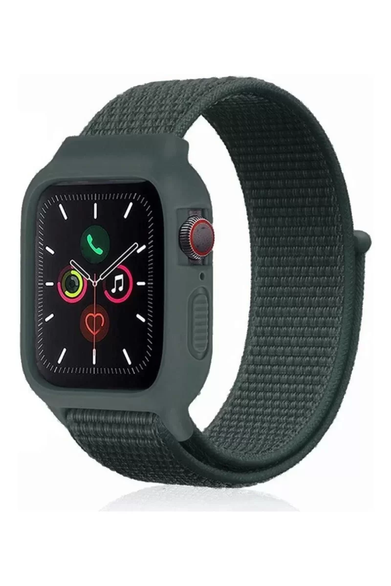 Newface Apple Watch 38mm Hasırlı Cırtcırtlı Kasalı Kordon - Haki Yeşil