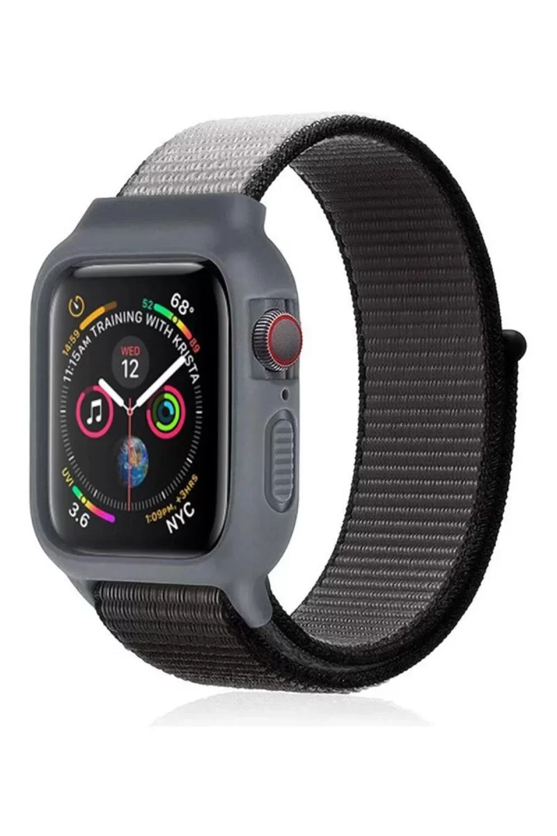 Newface Apple Watch 38mm Hasırlı Cırtcırtlı Kasalı Kordon - Siyah-Gri
