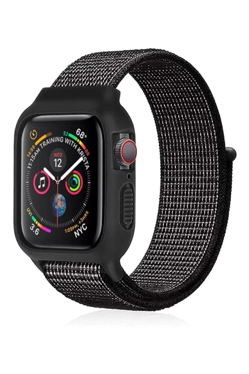 Newface Apple Watch 38mm Hasırlı Cırtcırtlı Kasalı Kordon - Benekli Siyah