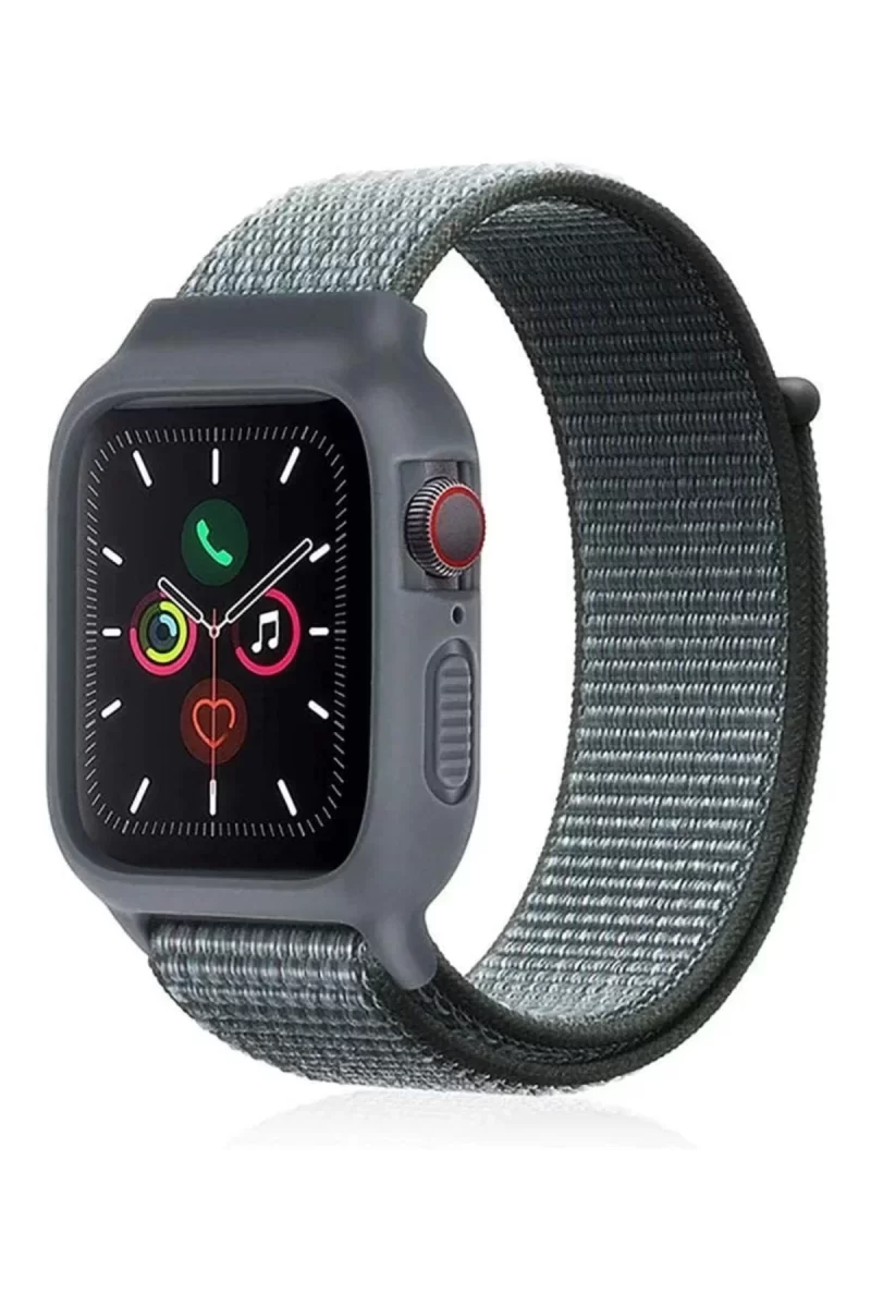 Newface Apple Watch 38mm Hasırlı Cırtcırtlı Kasalı Kordon - Gri-Turkuaz