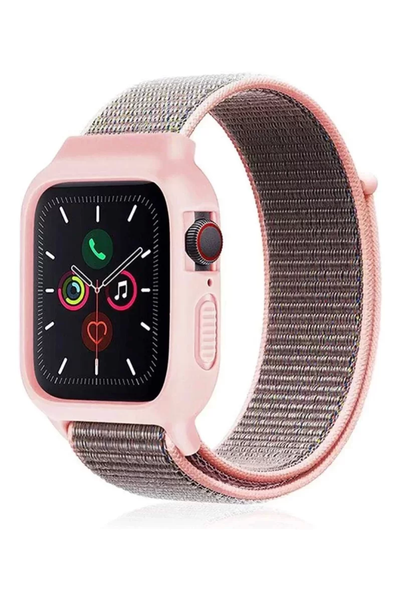 Newface Apple Watch 42mm Hasırlı Cırtcırtlı Kasalı Kordon - Pembe