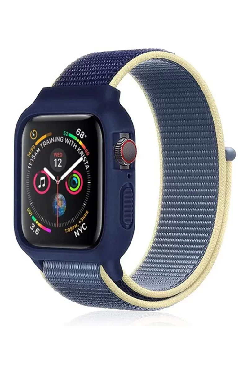 Newface Apple Watch 42mm Hasırlı Cırtcırtlı Kasalı Kordon - Sarı-Lacivert