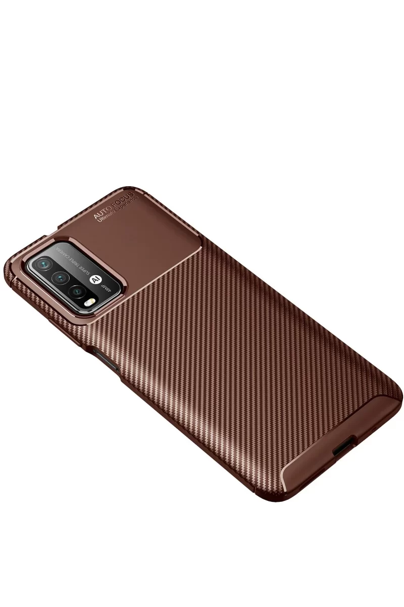 Newface Xiaomi Redmi 9T Kılıf Auto Focus Karbon Kapak - Kahverengi