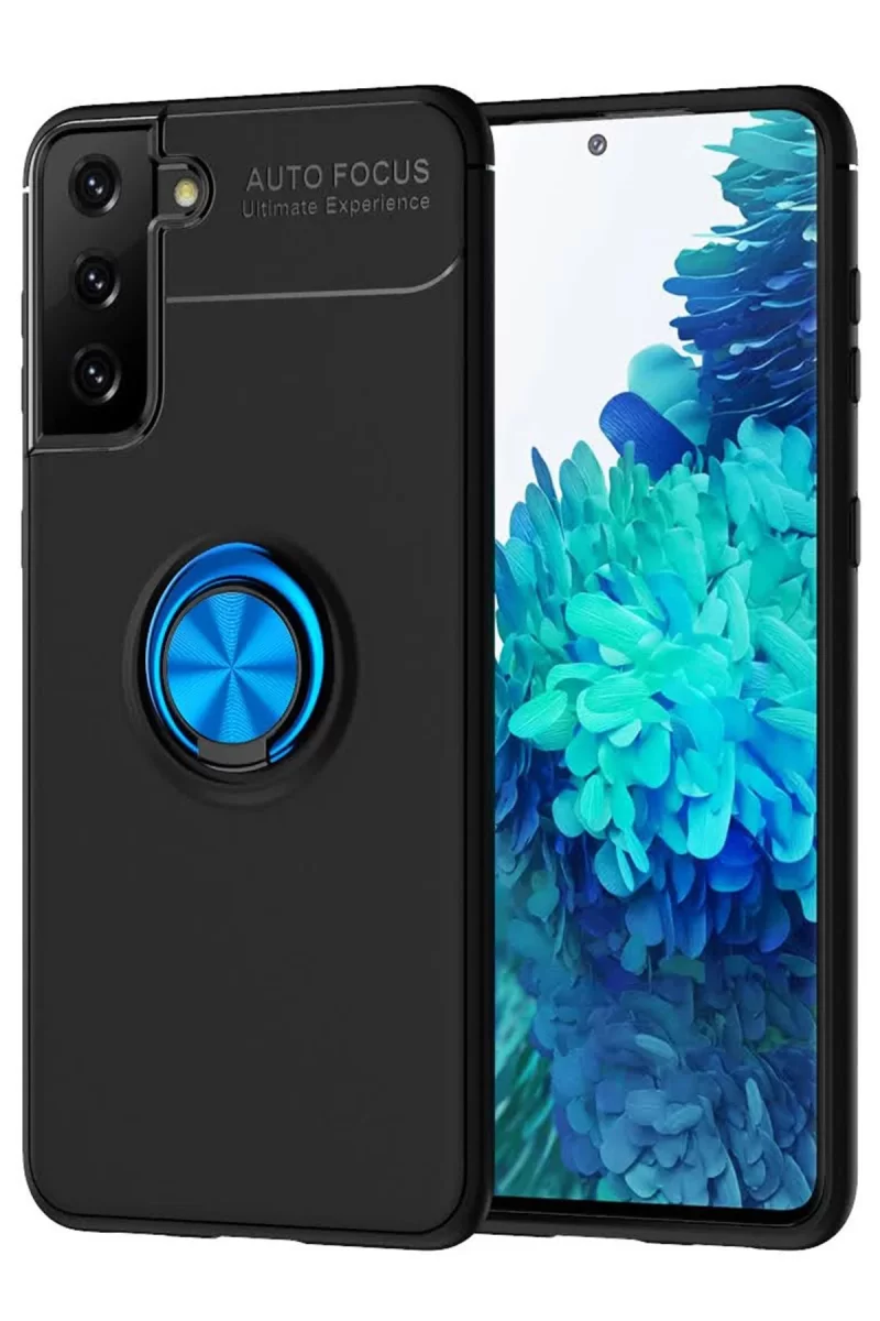 Newface Samsung Galaxy S21 Plus Kılıf Range Yüzüklü Silikon - Siyah-Mavi