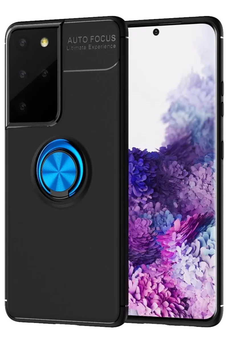 Newface Samsung Galaxy S21 Ultra Kılıf Range Yüzüklü Silikon - Siyah-Mavi