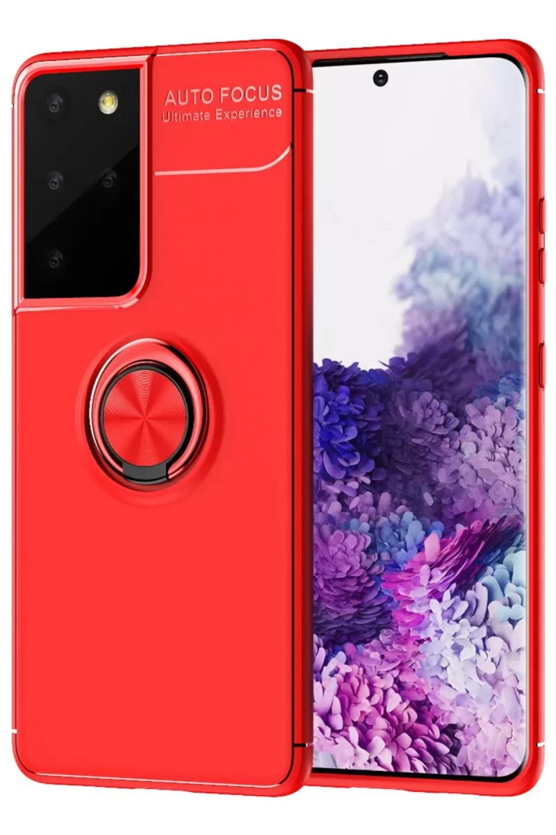 Newface Samsung Galaxy S21 Ultra Kılıf Range Yüzüklü Silikon - Kırmızı