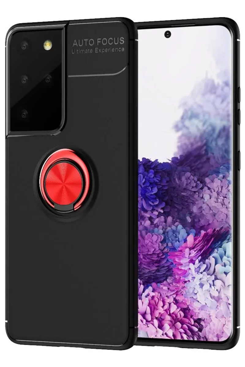 Newface Samsung Galaxy S21 Ultra Kılıf Range Yüzüklü Silikon - Siyah-Kırmızı