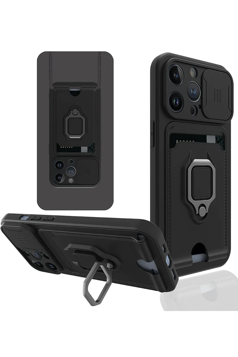 Newface iPhone 14 Pro Kılıf Zuma Kartvizitli Yüzüklü Silikon - Siyah