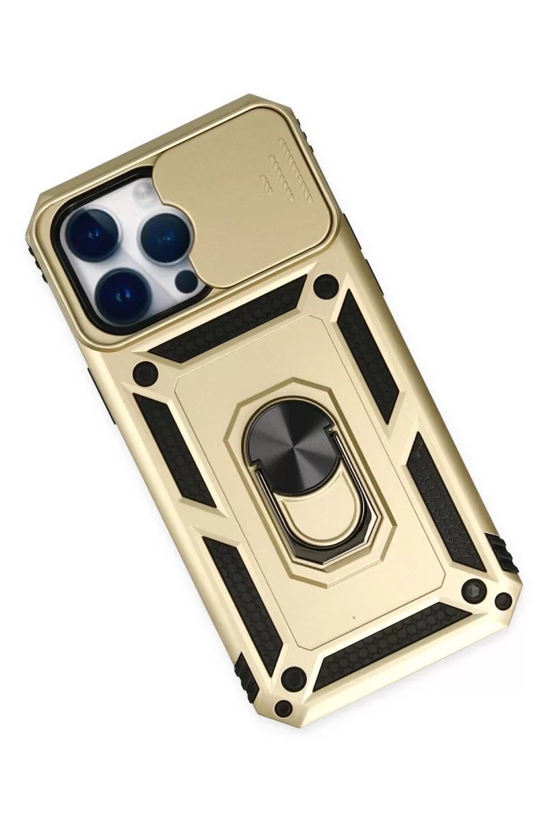 Newface iPhone 14 Pro Kılıf Pars Lens Yüzüklü Silikon - Gold