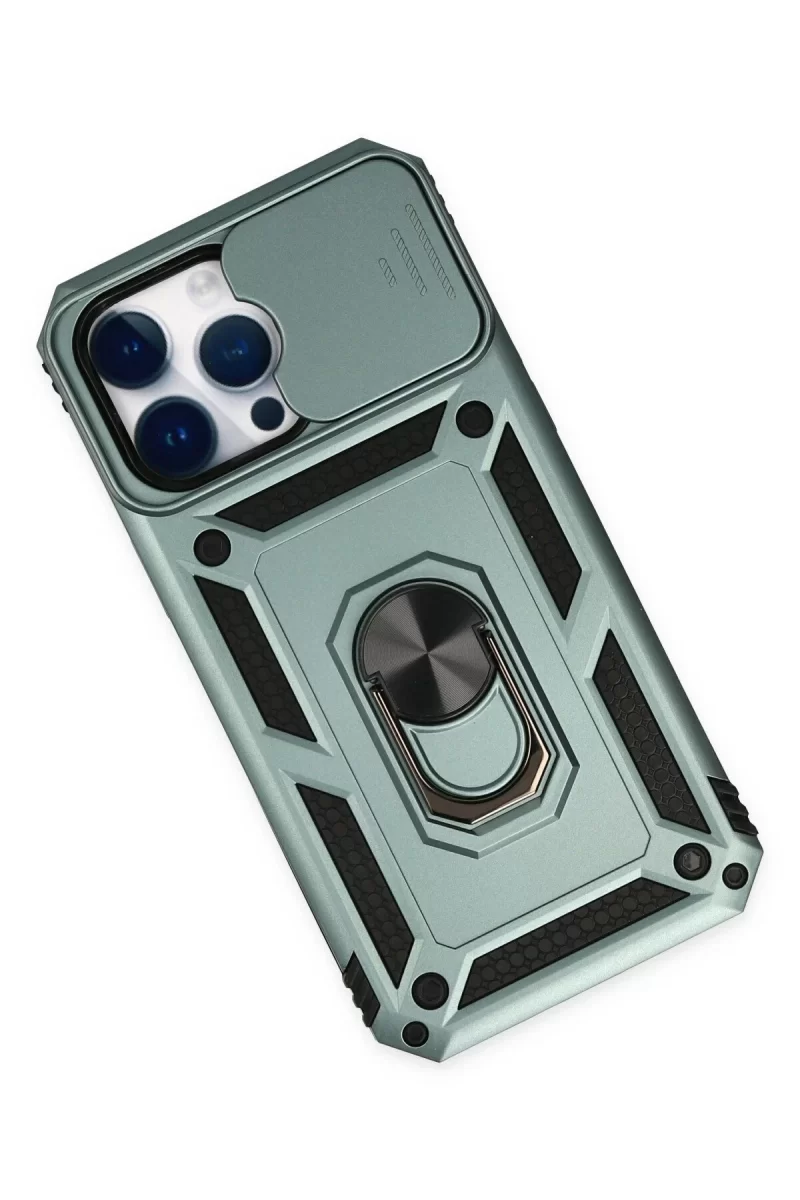 Newface iPhone 14 Pro Max Kılıf Pars Lens Yüzüklü Silikon - Yeşil