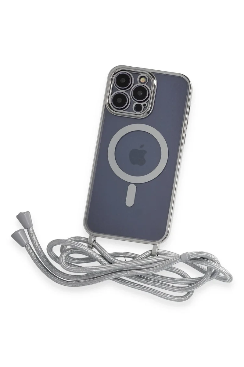 Newface iPhone 12 Pro Max Kılıf Divo Lazer Askılı Magsafe Kapak - Gümüş