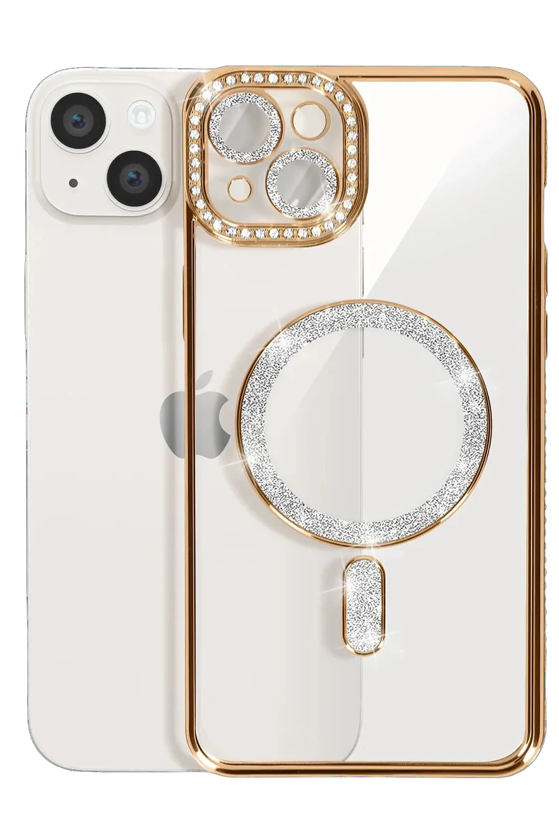 Newface iPhone 15 Kılıf Joke Simli Magneticsafe Kılıf - Gold