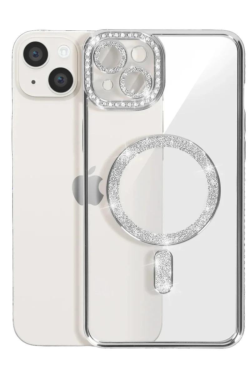 Newface iPhone 15 Kılıf Joke Simli Magneticsafe Kılıf - Gümüş