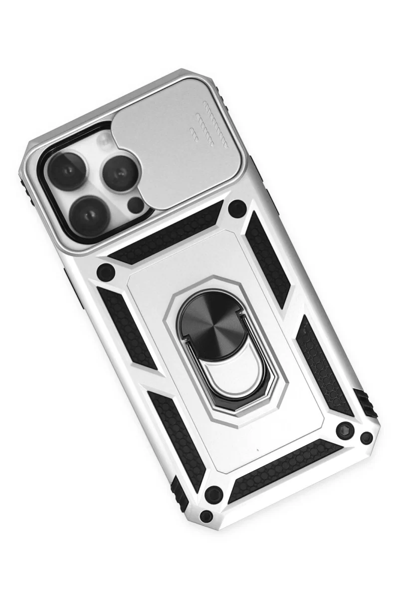 Newface iPhone 14 Pro Max Kılıf Pars Lens Yüzüklü Silikon - Gümüş