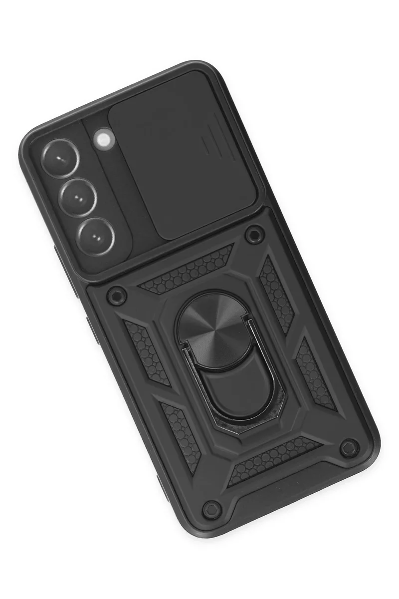 Newface Samsung Galaxy S22 Kılıf Pars Lens Yüzüklü Silikon - Siyah