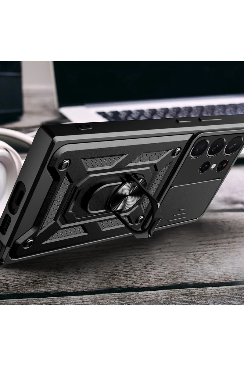 Newface Samsung Galaxy S23 Ultra Kılıf Pars Lens Yüzüklü Silikon - Siyah