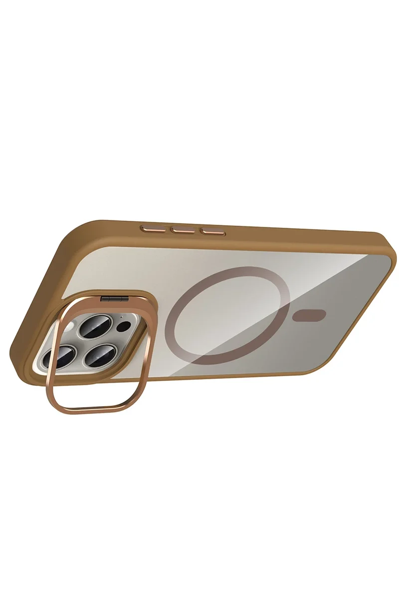Joko Apple iPhone 14 Pro Max Remim Lensli Magsafe Standlı Kapak - Kahverengi
