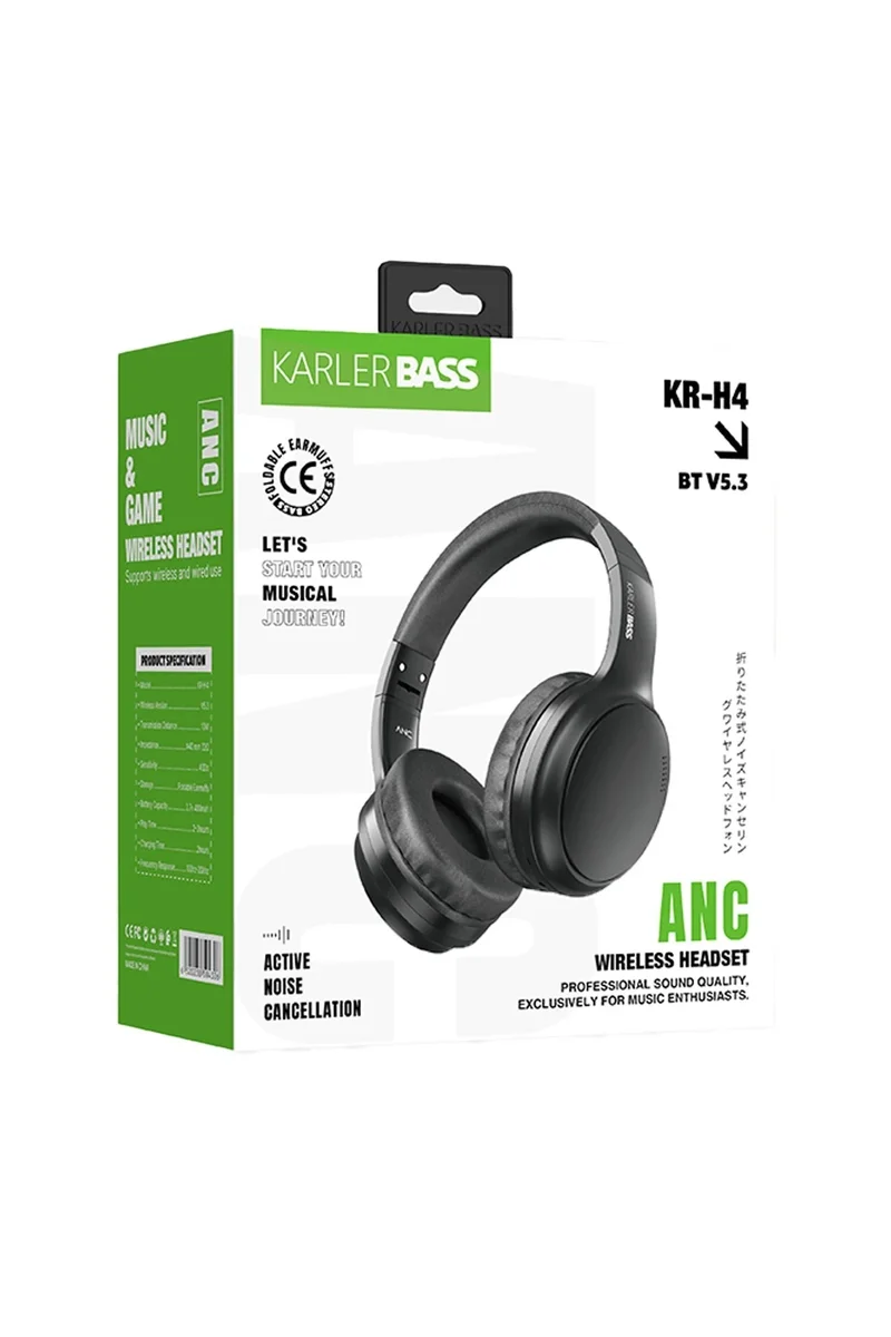 Karler Bass KRH4 Aktif Gürültü Engelleyici Özellikli Kafaüstü Kablosuz Bluetooth Kulaklık - Siyah
