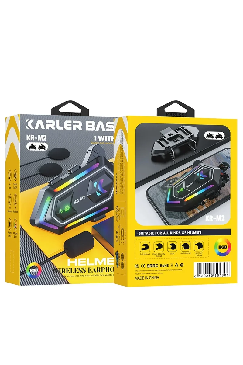 Karler Bass KRM2 RGB Motosiklet Sürücüleri İçin IPX6 Su Geçirmez Özellikli Kablosuz Bluetooth Kulaklık - Siyah